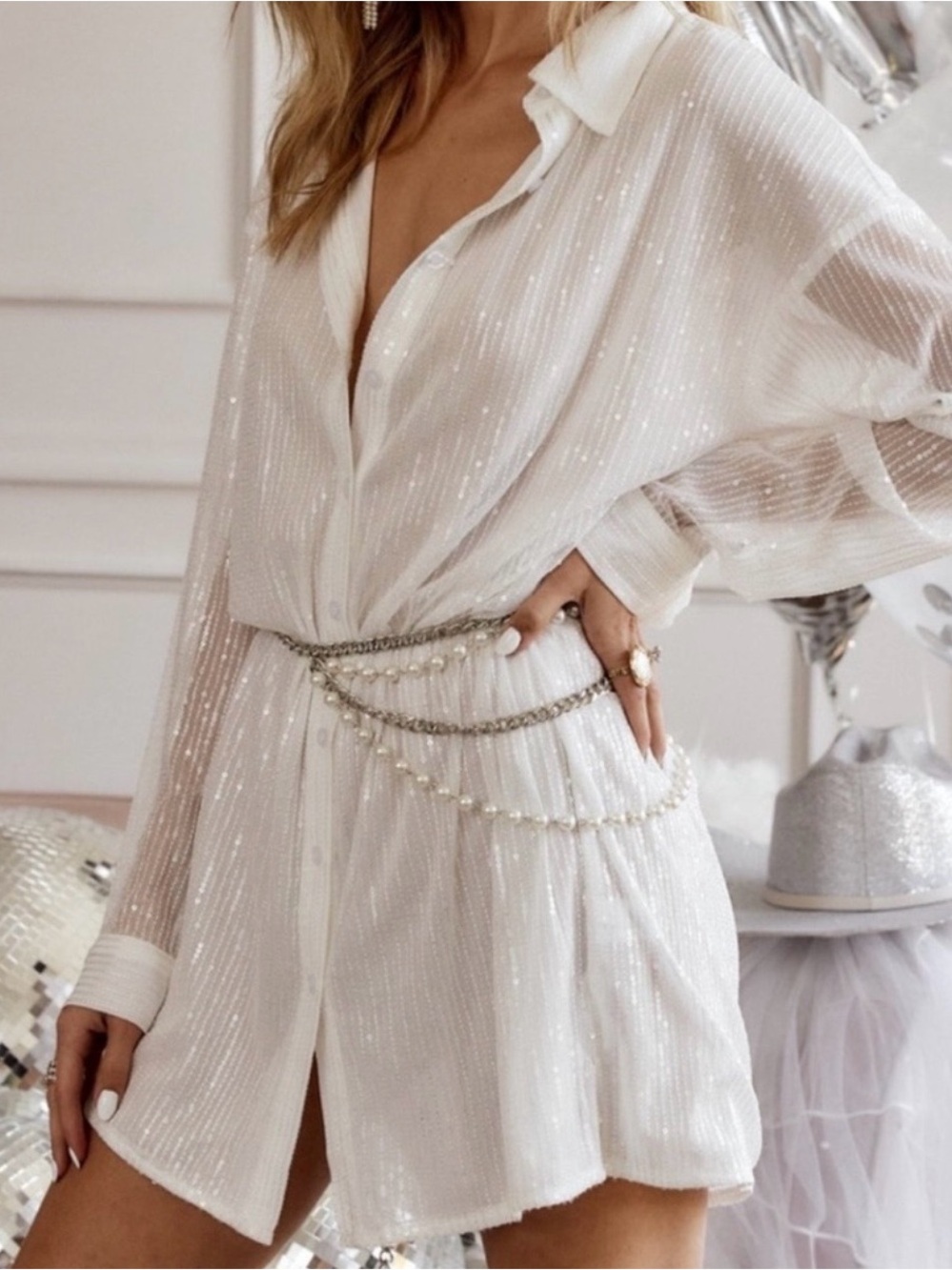 12th Tribe White Sequin Button-Down Mini Dress